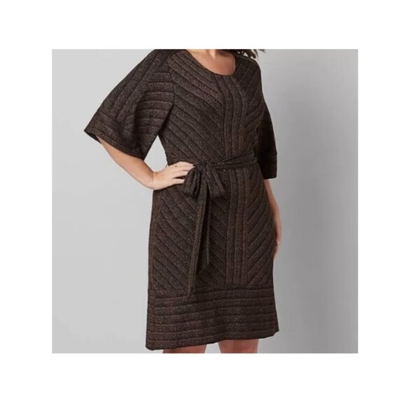 LANE BRYANT UEC Womens Size 14/16 Metallic Belted Fit & Flare Dress Black Copper - Picture 3 of 13